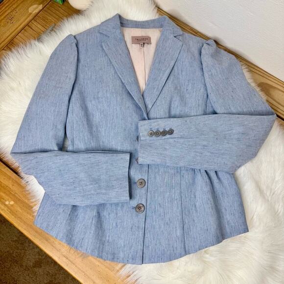 4 Rebecca Taylor TAILORED Peplum Linen Blend Blazer Jacket Light Blue - Picture 4 of 14